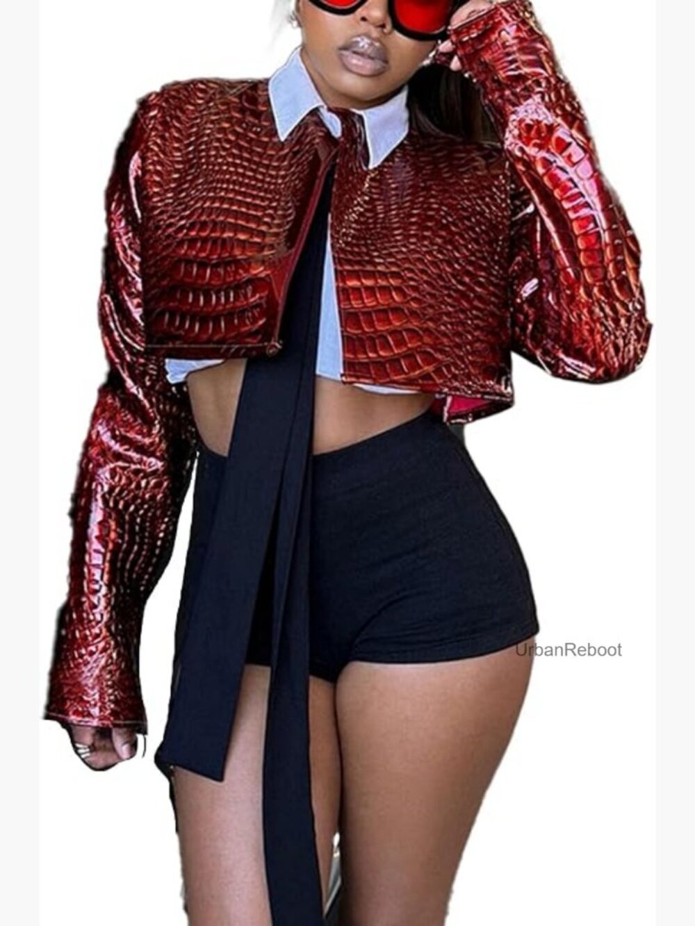 Cropped Faux Leather Jacket Long Sleeve Open Front Short Coat